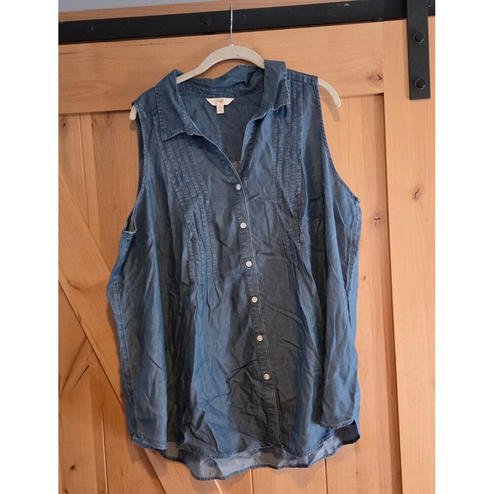 Terra Sky Size 1X Sleeveless Chambray Button Up Shirt Blue Pintuck Lyocell